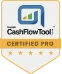 Badge design featuring the CashFlowTool logo and stars with a 'Certified Pro' title, indicating professional certification.