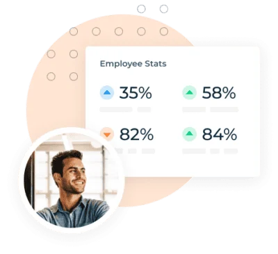 Business infographic with pie charts displaying employee statistics and a smiling male professional in a circular frame.
