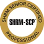Gold badge labeled SHRM-SCP indicating senior certified HR professional status, ideal for human resources content.