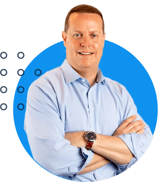 Confident professional man in a blue shirt with arms crossed, wearing a watch, against a blue background with graphic circles.