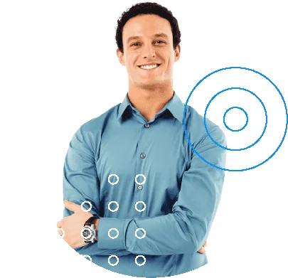Confident young man in a blue shirt smiling, with a graphic overlay of expanding circles showing data visualization or focus points.