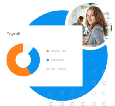 Professional woman examining payroll data on a screen with a pie chart illustrating salary distribution for SEO and business analytics.