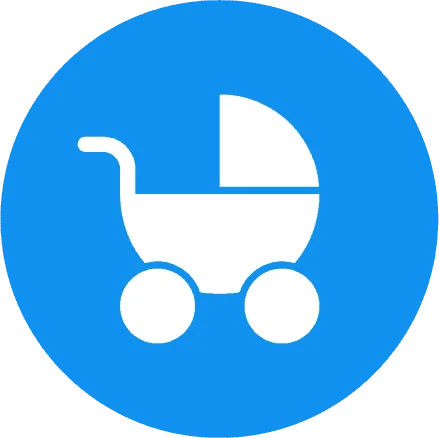 Baby stroller icon in simple white against a solid blue background, ideal for parenting and baby equipment websites.