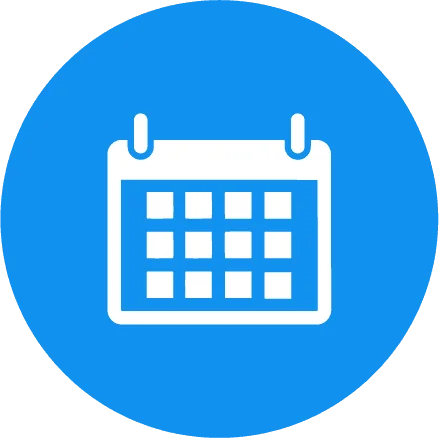 Bright blue circular icon featuring a simplified white calendar, enhancing visual clarity for scheduling and planning apps.