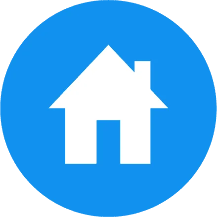 White house icon centered on a bold blue circle background, representing simplicity and home page navigation for user interface designs.