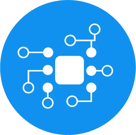 Digital technology concept with a stylized white network diagram on a vibrant blue background, representing connectivity and data architecture.