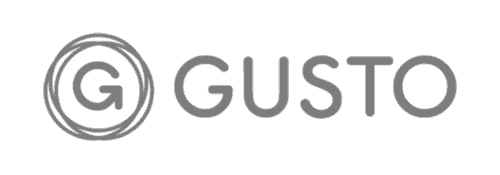 Logo of Gusto featuring stylized, circular G wrapped in a ring with the brand name in modern sans-serif font.