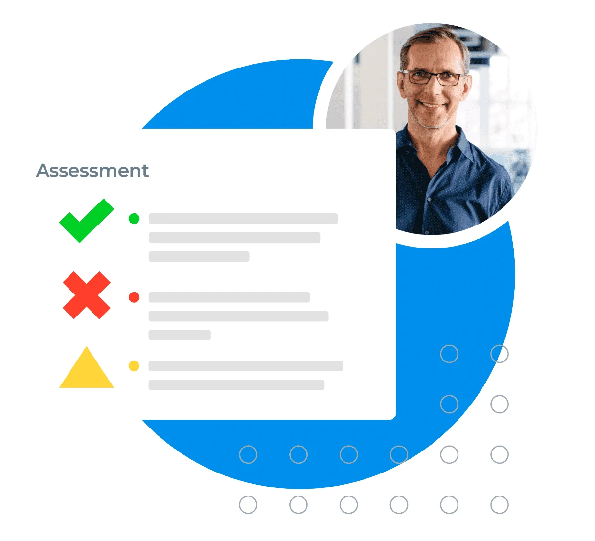 Mature businessman smiling in a circular frame with an assessment checklist graphic, highlighting performance review and professional evaluation.