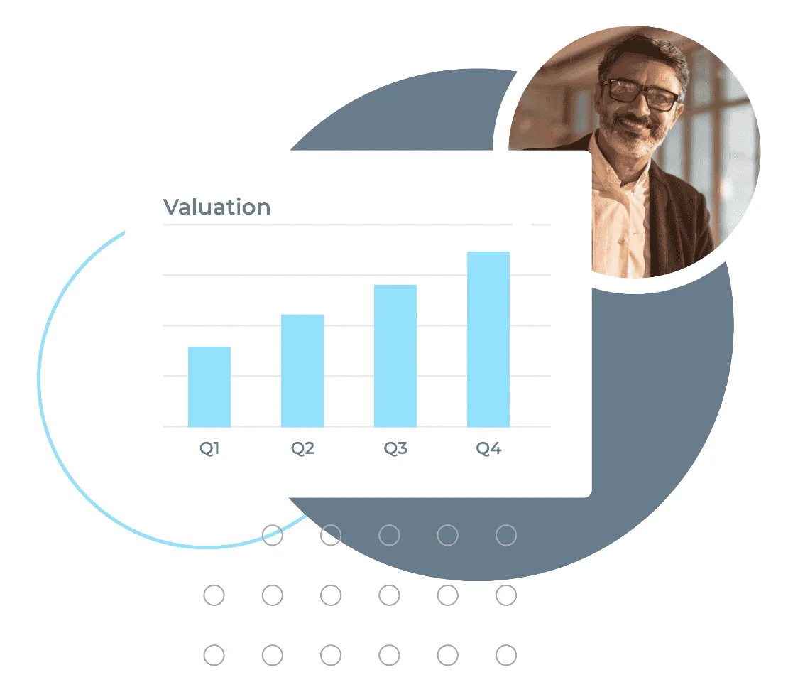 Mature businessman smiling confidently beside a quarterly valuation bar graph inside a circular infographic, highlighting business growth trends.