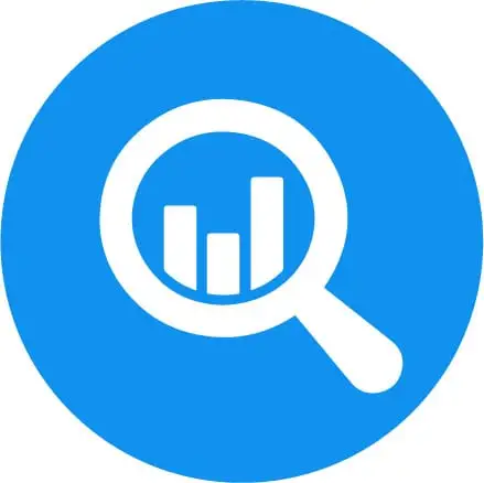 Blue circle with a white magnifying glass icon overlaying a bar chart, symbolizing data analysis or financial research.