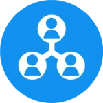 Blue icon depicting a network or team structure with three connected figures, representing social networking or organizational hierarchy.