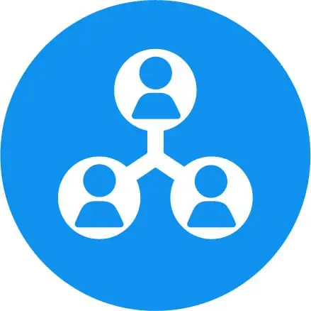 Blue circular icon depicting a stylized network diagram with one person at the top connected to two people below, symbolizing teamwork or social networking.