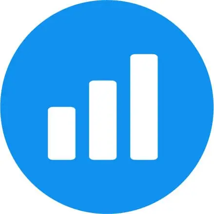 Blue circle icon with three white vertical bars increasing in height, representing a bar chart or signal strength symbol.