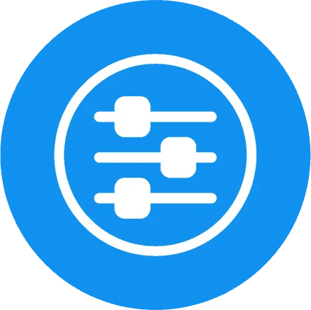 Blue circular icon featuring three horizontal sliders, symbolizing settings or adjustment controls in technology and apps.