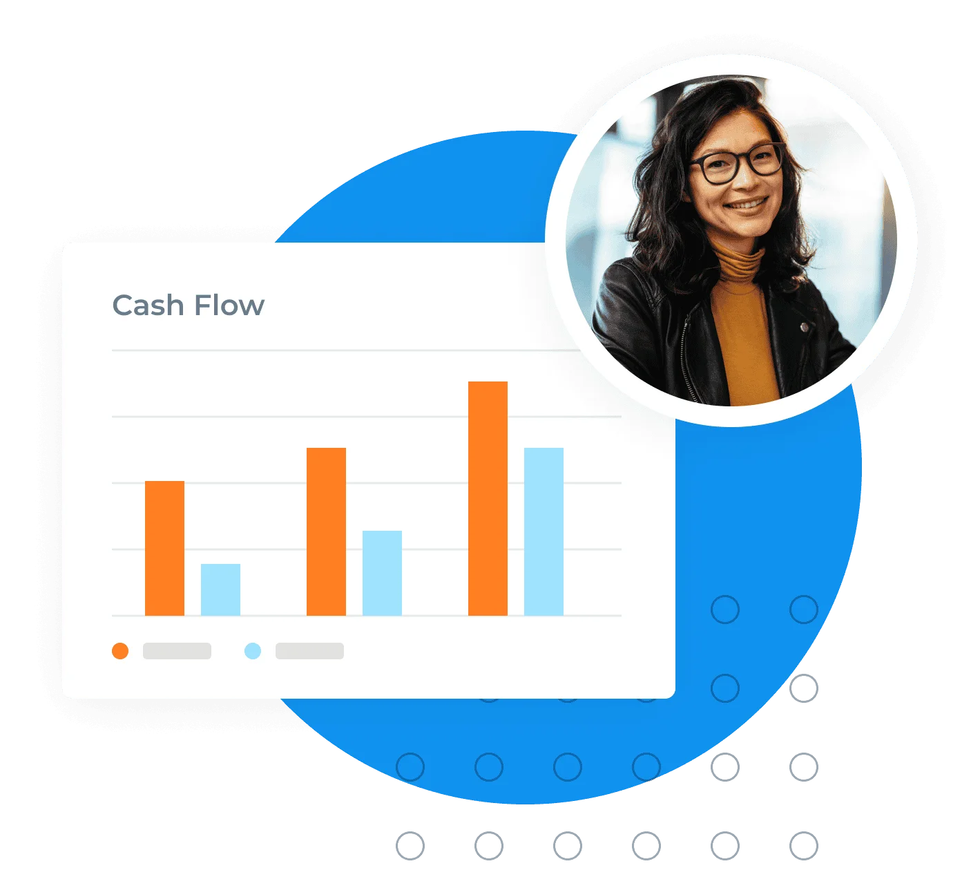 Professional woman smiling, superimposed on a cash flow chart, representing finance analytics and business success, enhancing corporate financial strategies.