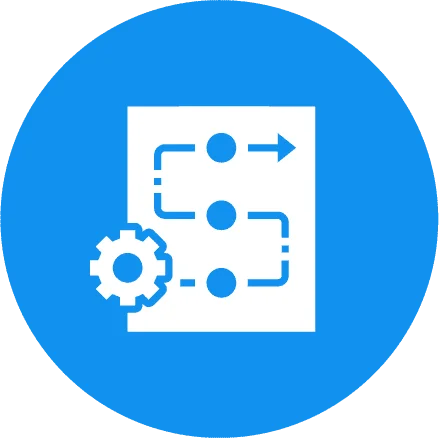 Circular blue icon depicting a flowchart with arrows and a gear, symbolizing process automation and workflow optimization in technology.