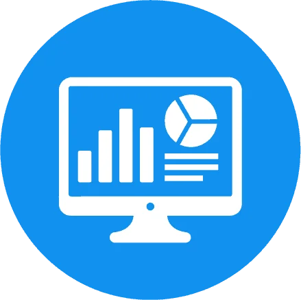 Computer monitor displaying graphs and charts, symbolizing data analysis or business analytics in a flat design style.