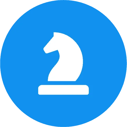White chess knight icon on a vibrant blue circular background, symbolizing strategy and intelligence in game-themed designs.