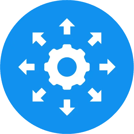 Blue circle background featuring a white central gear icon surrounded by arrows pointing outward, symbolizing process optimization or workflow automation.
