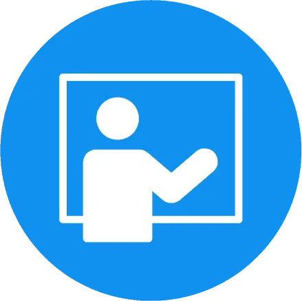 Teacher giving a presentation in a classroom, male icon on a blue background illustrating educational themes and school activities.