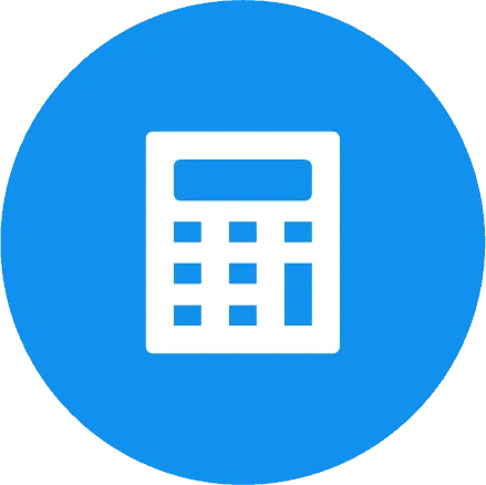 Blue circle icon with a white calculator symbol, representing financial apps, accounting tools, or math software for educational and professional use.