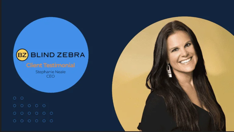 Smiling woman CEO in a testimonial graphic for Blind Zebra, with stylish earrings and a professional black outfit.
