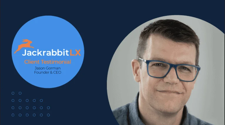 Businessman with glasses featured in a Jackrabbit LX client testimonial, emphasizing professional branding and testimonial graphics.