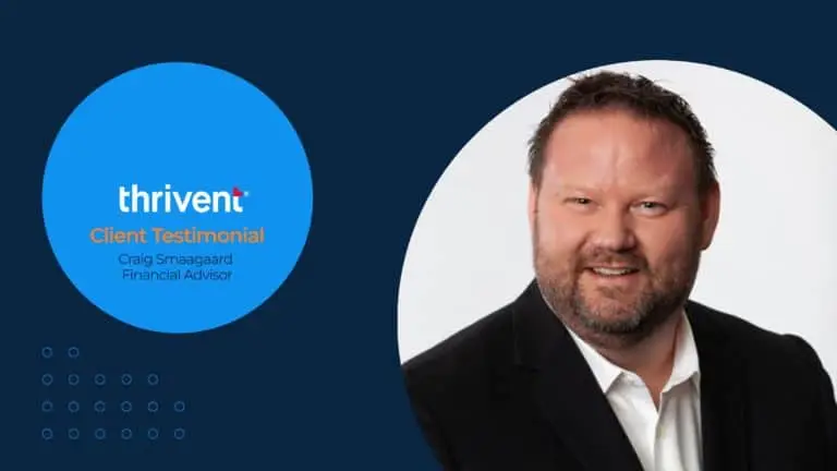 Professional portrait of Craig Smaagaard, a financial advisor for Thrivent, featured in a client testimonial layout with brand logo.