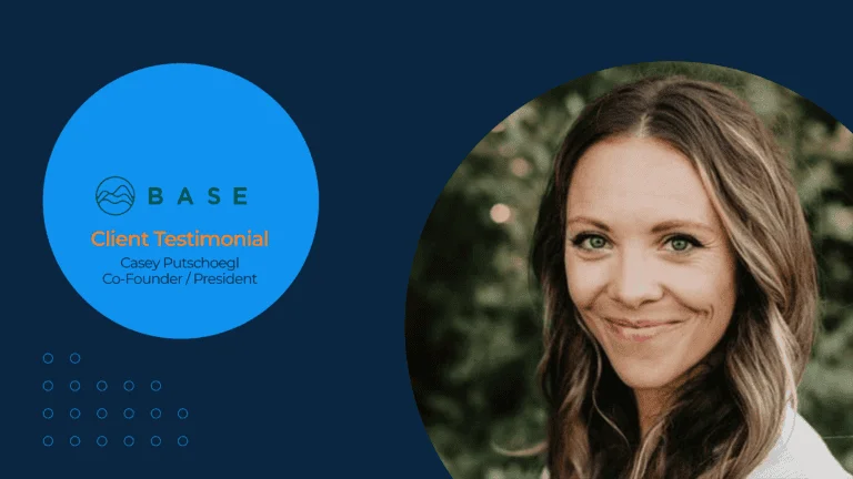 Professional portrait of a smiling woman on a nature background with a blue circle overlay featuring a logo and text about a client testimonial.