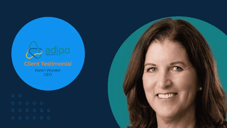 CEO Karen Wurster giving a testimonial for Adipo Therapeutics, portrayed with company logo in professional design.