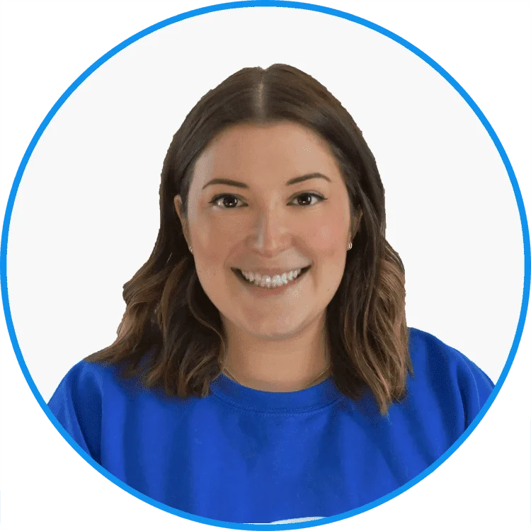 Friendly woman in blue top smiling, professional headshot with white background, circular frame, ideal for business profiles and marketing material.