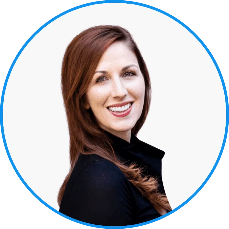 Professional portrait of a smiling Caucasian woman in a black turtleneck, set against a white circular background, exuding confidence and warmth.