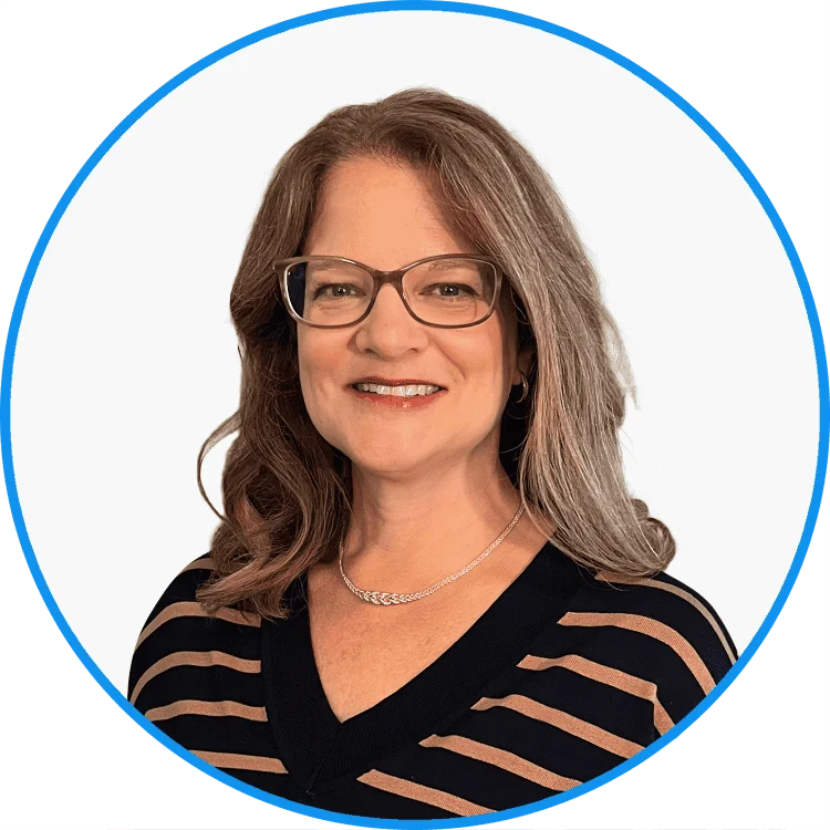 Professional middle-aged woman with glasses smiling, wearing a black striped top, with a blue circular background.