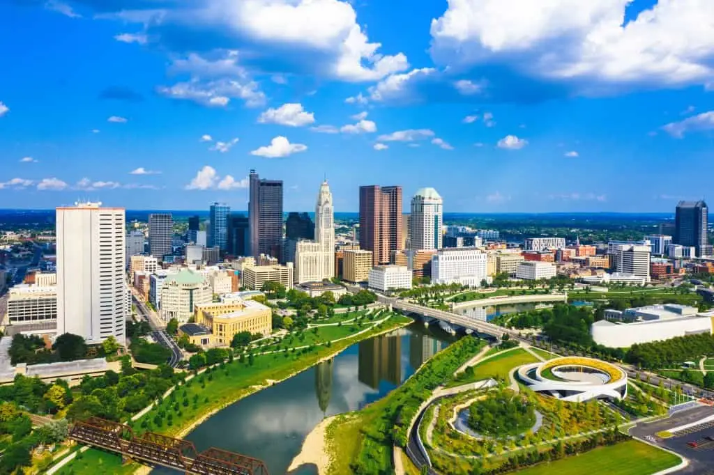 Aerial view of Downtown Columbus Ohio with Scioto river