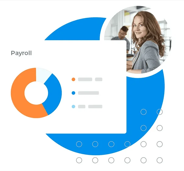 Payroll dashboard graphic with orange and blue charts next to a smiling professional woman representing payroll management services.