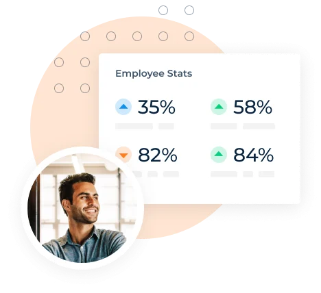 Smiling professional man beside an employee stats dashboard showing performance percentages and growth indicators