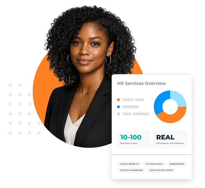 an hr consultant in a blazer next to an hr overview graphic